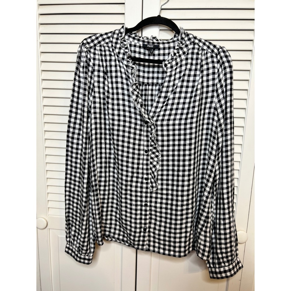 PAIGE Black White Gingham Check Ruffle Neck Blouse Women's L Metallic